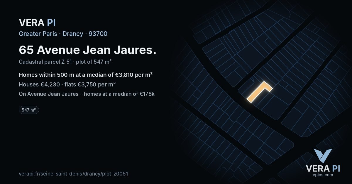 65 Avenue Jean Jaures, Drancy at night – the plot lit, the parcels around coloured by the prices near them
