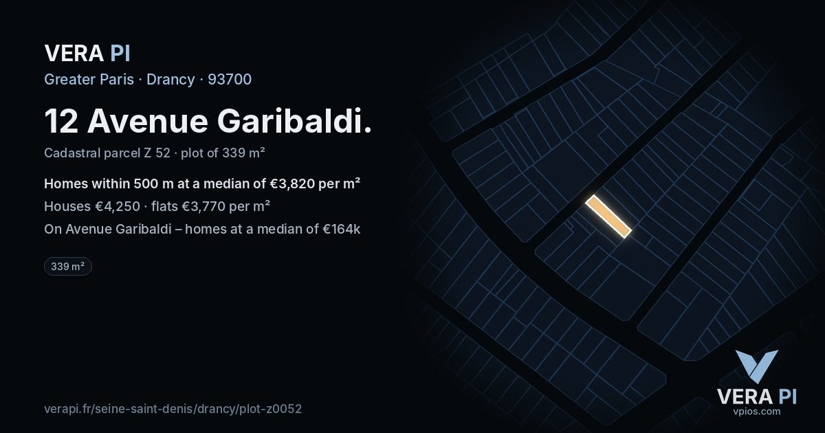 12 Avenue Garibaldi, Drancy at night – the plot lit, the parcels around coloured by the prices near them