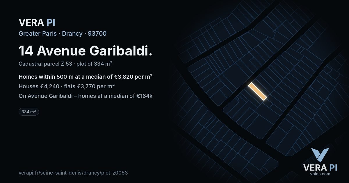 14 Avenue Garibaldi, Drancy at night – the plot lit, the parcels around coloured by the prices near them