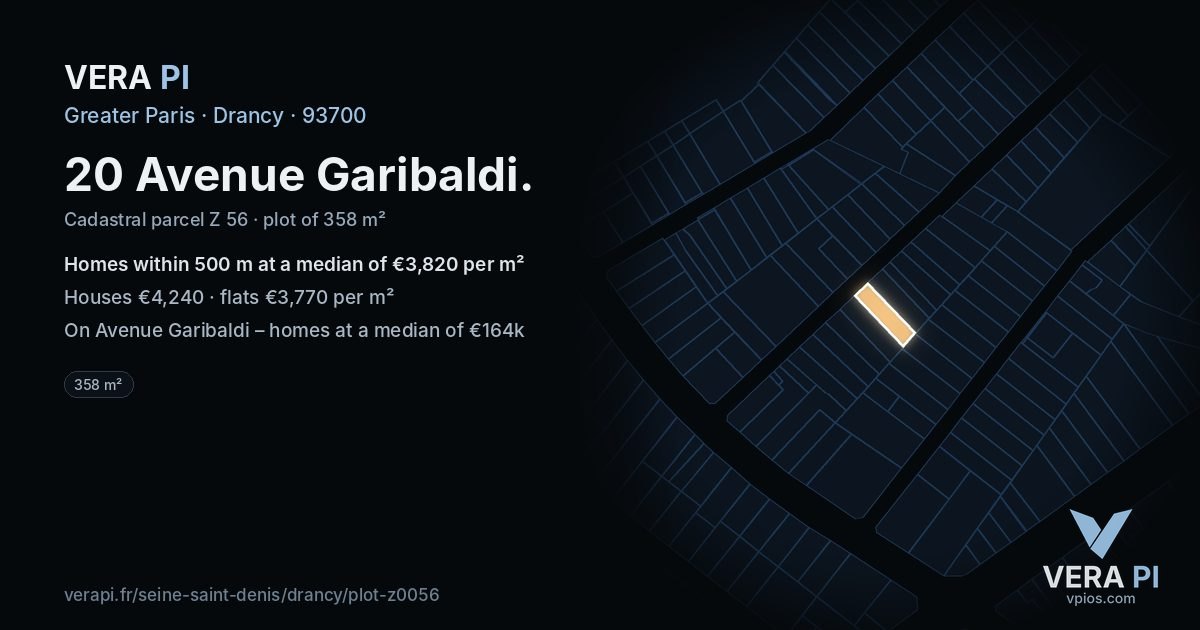 20 Avenue Garibaldi, Drancy at night – the plot lit, the parcels around coloured by the prices near them
