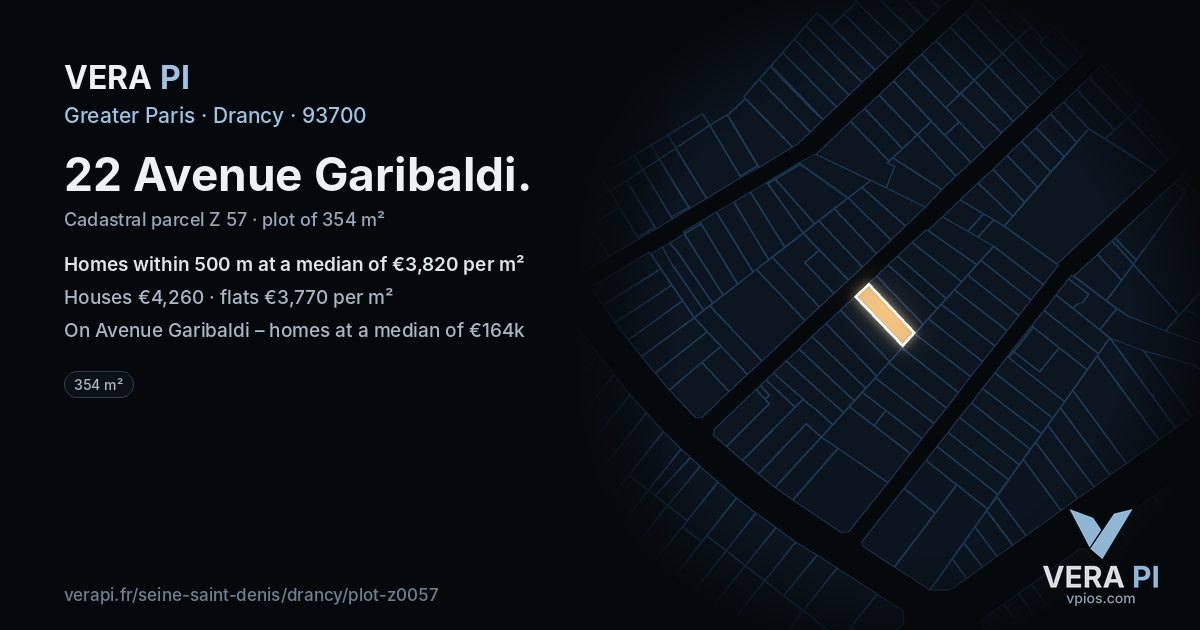 22 Avenue Garibaldi, Drancy at night – the plot lit, the parcels around coloured by the prices near them