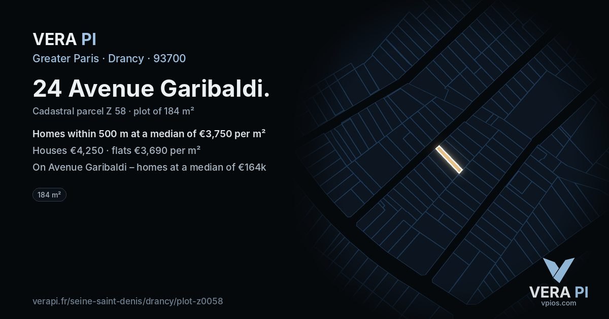 24 Avenue Garibaldi, Drancy at night – the plot lit, the parcels around coloured by the prices near them