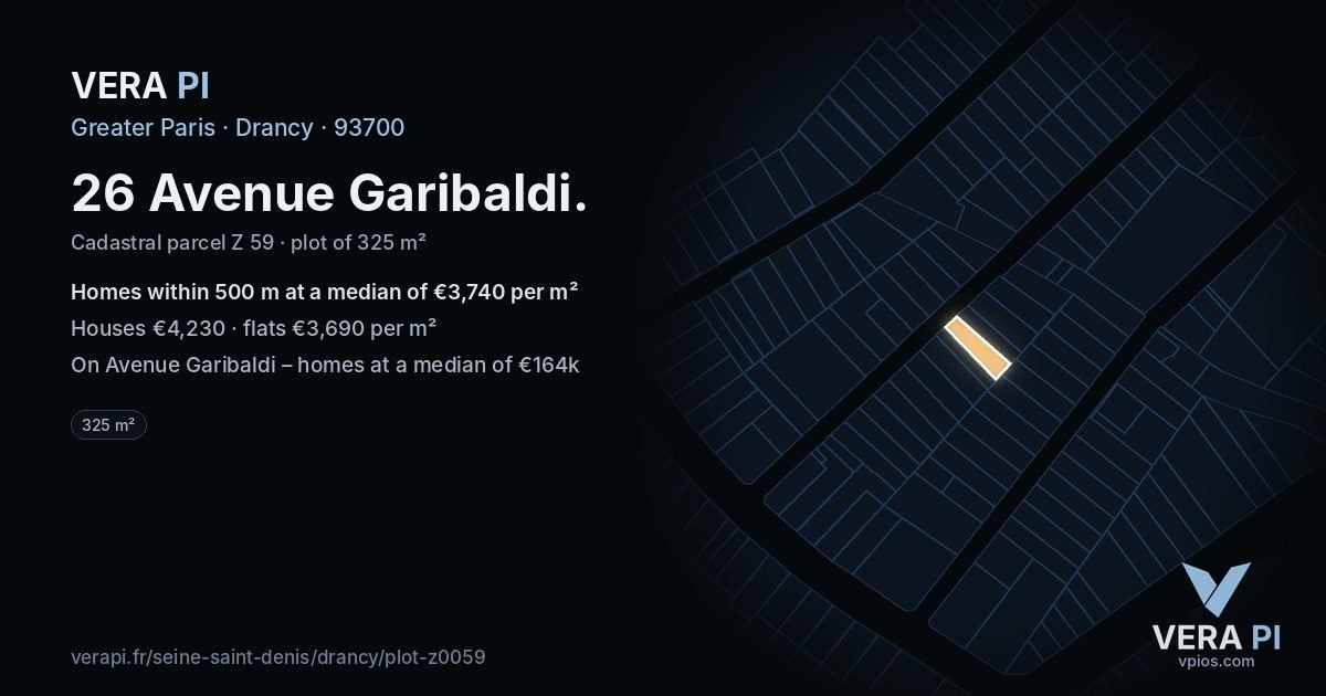 26 Avenue Garibaldi, Drancy at night – the plot lit, the parcels around coloured by the prices near them