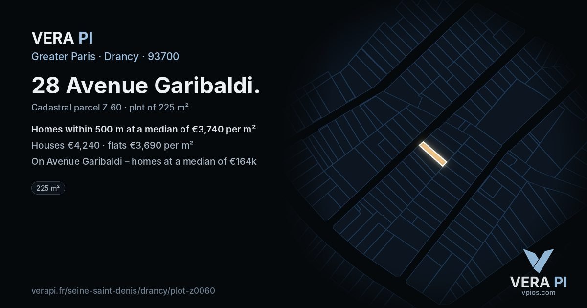 28 Avenue Garibaldi, Drancy at night – the plot lit, the parcels around coloured by the prices near them
