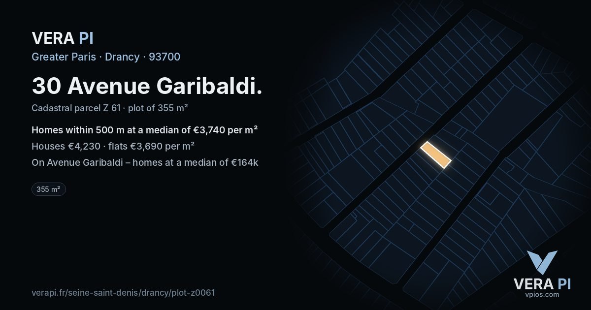 30 Avenue Garibaldi, Drancy at night – the plot lit, the parcels around coloured by the prices near them