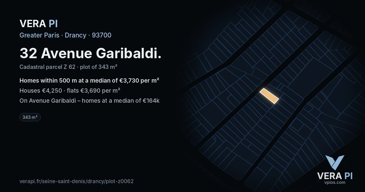32 Avenue Garibaldi, Drancy at night – the plot lit, the parcels around coloured by the prices near them