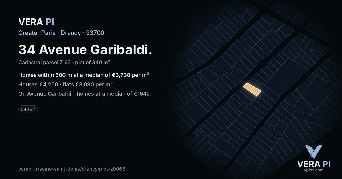 34 Avenue Garibaldi, Drancy at night – the plot lit, the parcels around coloured by the prices near them