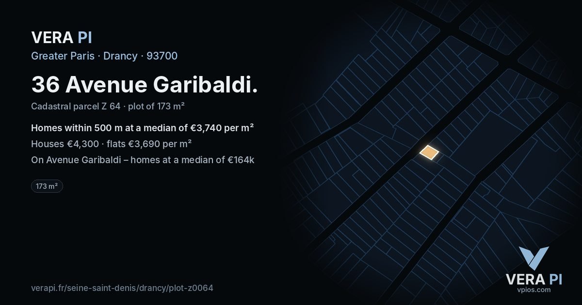 36 Avenue Garibaldi, Drancy at night – the plot lit, the parcels around coloured by the prices near them