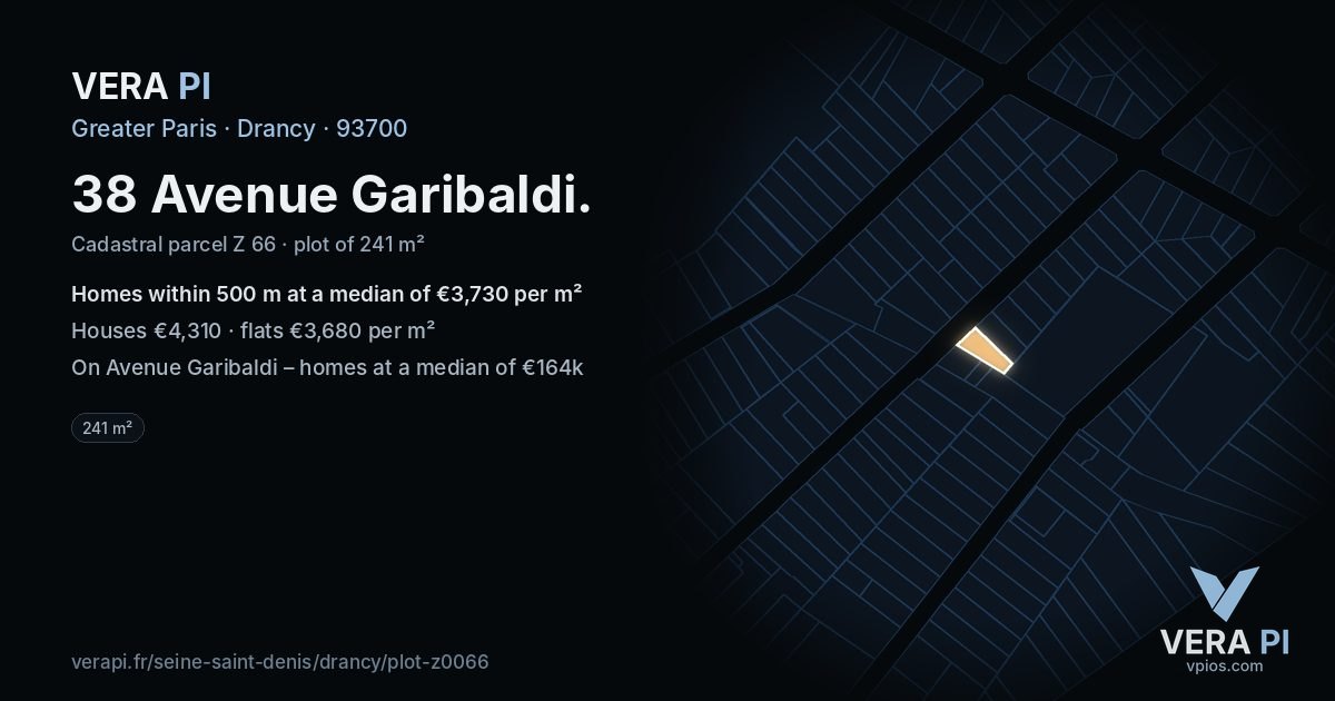 38 Avenue Garibaldi, Drancy at night – the plot lit, the parcels around coloured by the prices near them