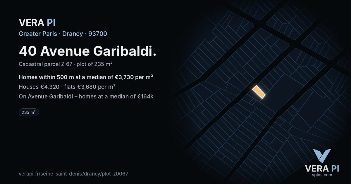 40 Avenue Garibaldi, Drancy at night – the plot lit, the parcels around coloured by the prices near them