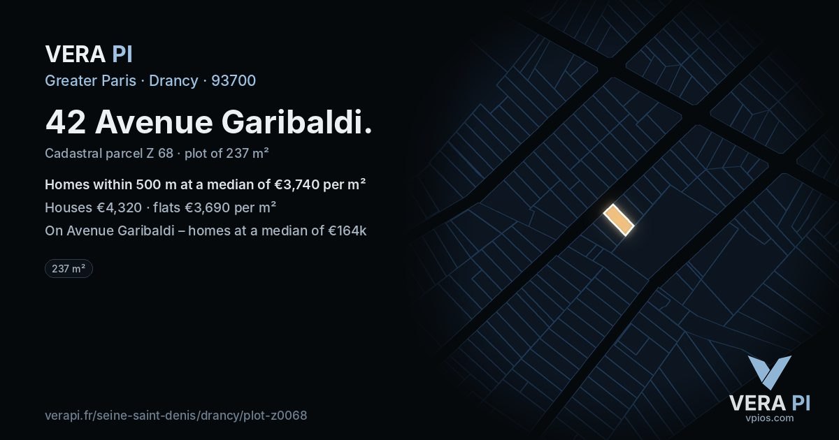 42 Avenue Garibaldi, Drancy at night – the plot lit, the parcels around coloured by the prices near them