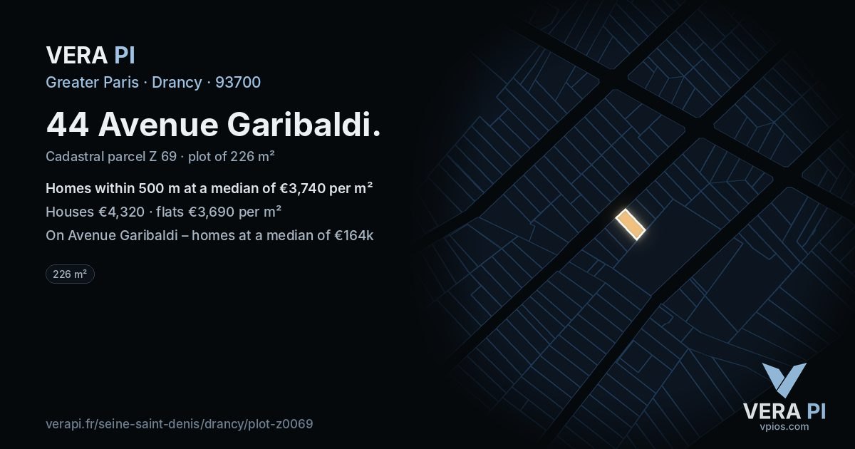 44 Avenue Garibaldi, Drancy at night – the plot lit, the parcels around coloured by the prices near them