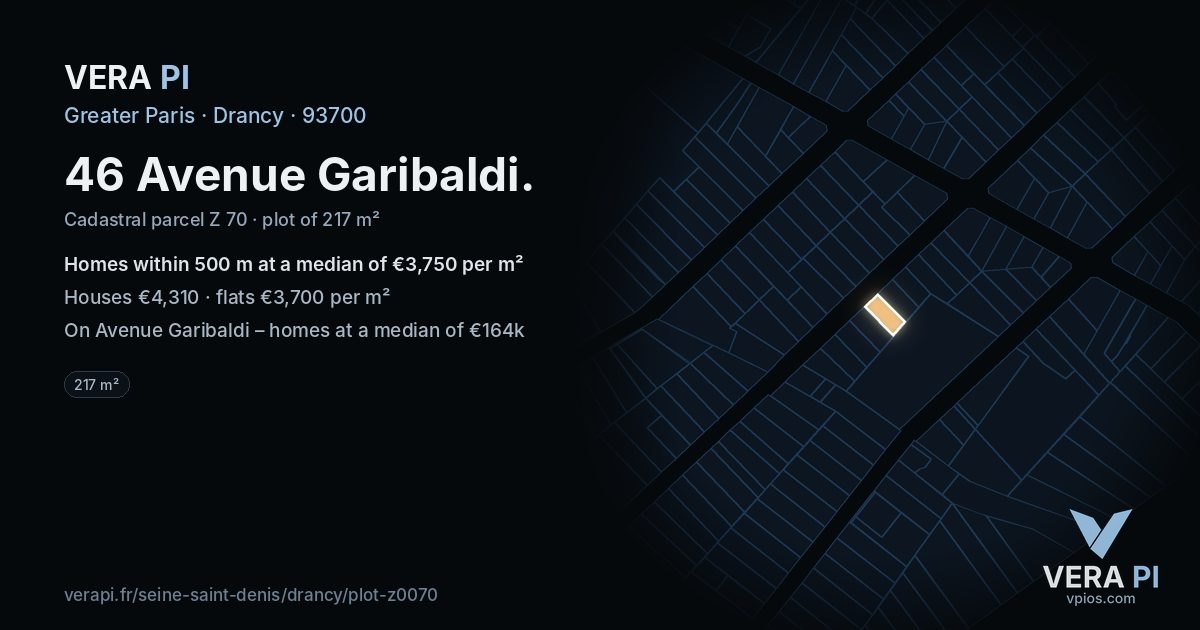 46 Avenue Garibaldi, Drancy at night – the plot lit, the parcels around coloured by the prices near them