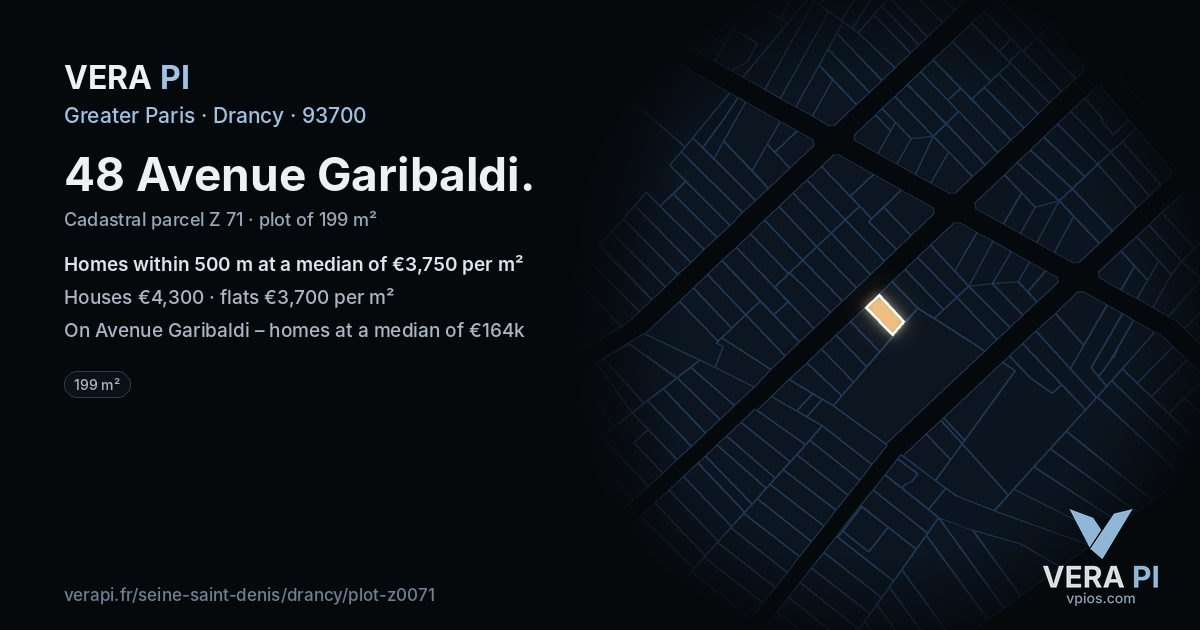 48 Avenue Garibaldi, Drancy at night – the plot lit, the parcels around coloured by the prices near them