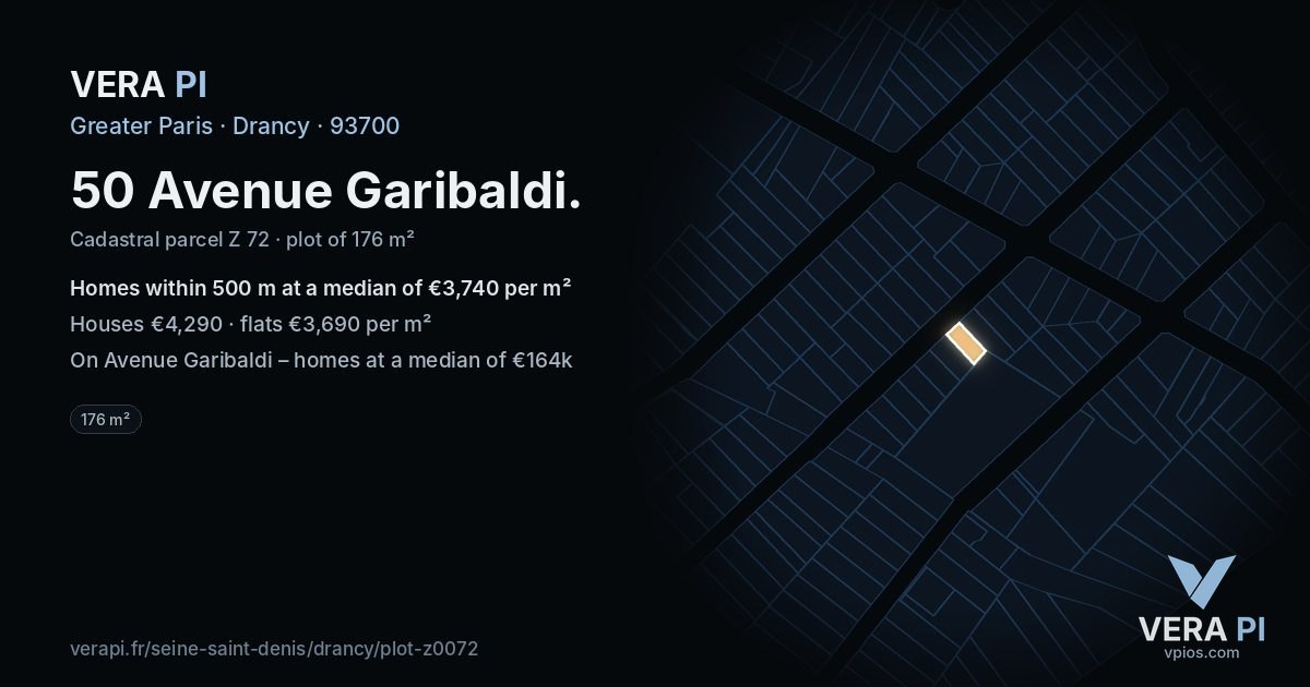 50 Avenue Garibaldi, Drancy at night – the plot lit, the parcels around coloured by the prices near them