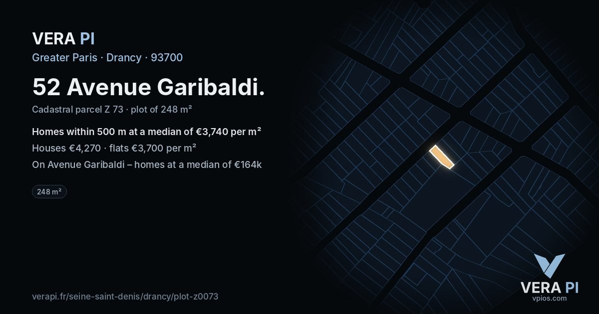 52 Avenue Garibaldi, Drancy at night – the plot lit, the parcels around coloured by the prices near them