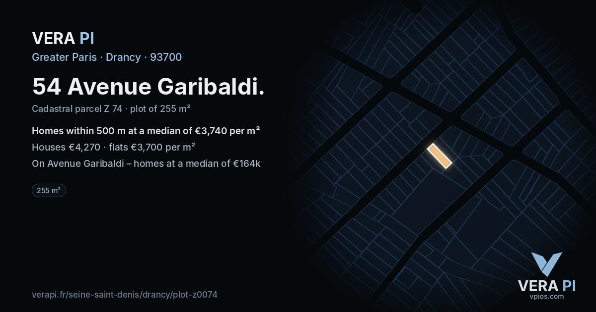 54 Avenue Garibaldi, Drancy at night – the plot lit, the parcels around coloured by the prices near them