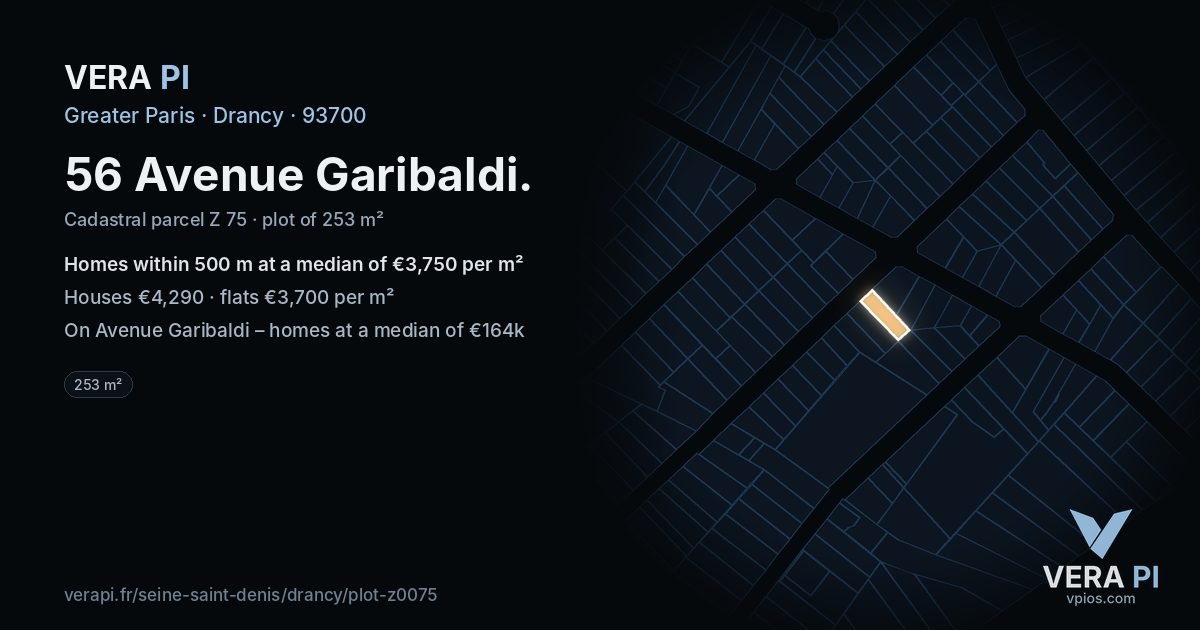 56 Avenue Garibaldi, Drancy at night – the plot lit, the parcels around coloured by the prices near them