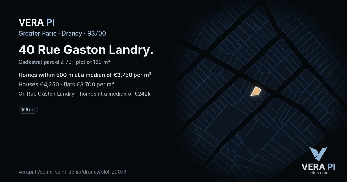 40 Rue Gaston Landry, Drancy at night – the plot lit, the parcels around coloured by the prices near them