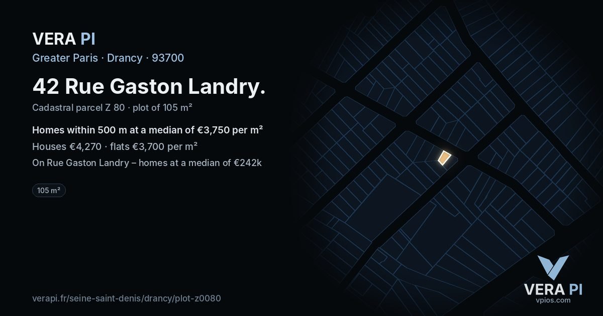 42 Rue Gaston Landry, Drancy at night – the plot lit, the parcels around coloured by the prices near them