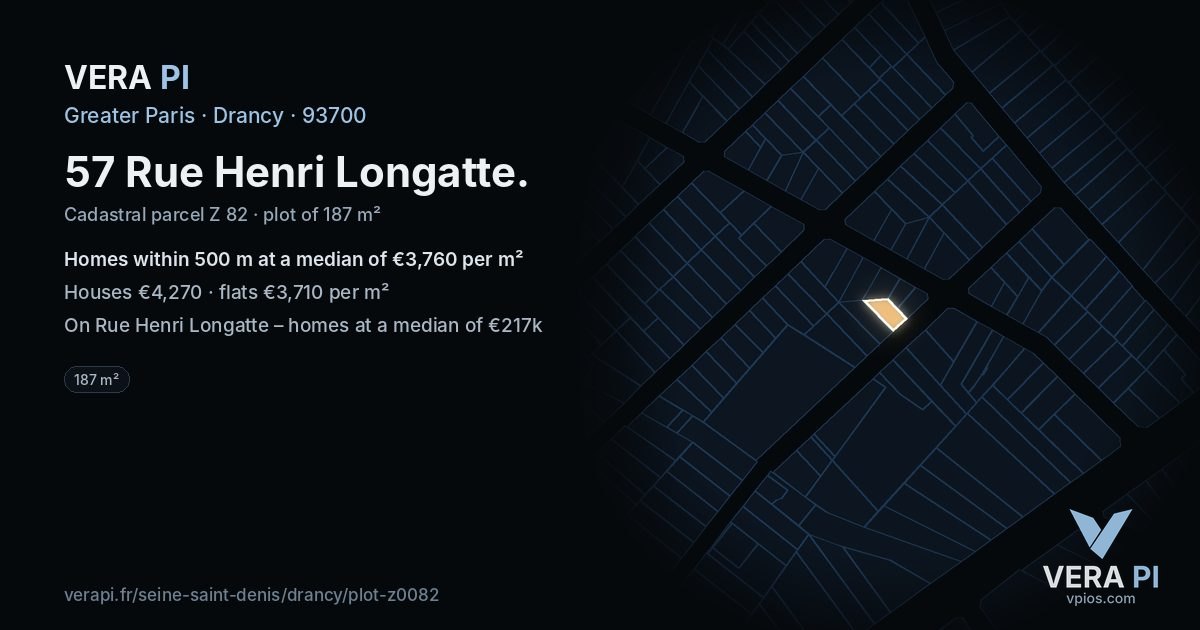57 Rue Henri Longatte, Drancy at night – the plot lit, the parcels around coloured by the prices near them