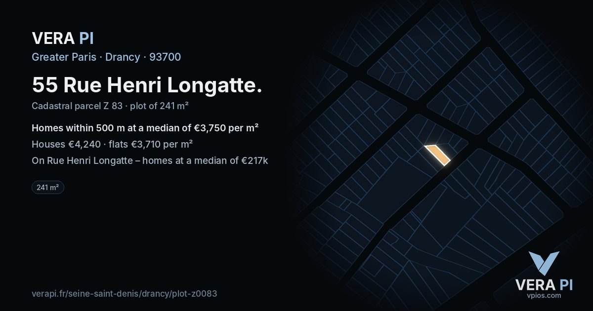 55 Rue Henri Longatte, Drancy at night – the plot lit, the parcels around coloured by the prices near them