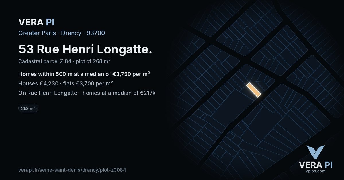 53 Rue Henri Longatte, Drancy at night – the plot lit, the parcels around coloured by the prices near them