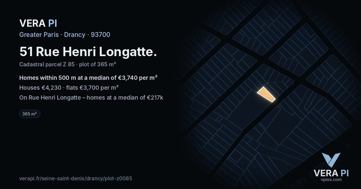 51 Rue Henri Longatte, Drancy at night – the plot lit, the parcels around coloured by the prices near them