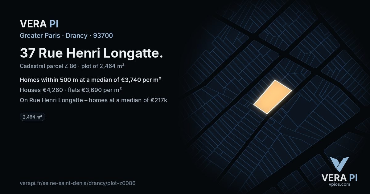 37 Rue Henri Longatte, Drancy at night – the plot lit, the parcels around coloured by the prices near them