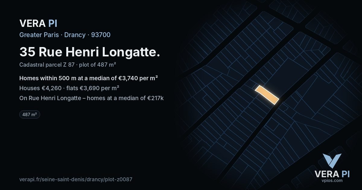 35 Rue Henri Longatte, Drancy at night – the plot lit, the parcels around coloured by the prices near them