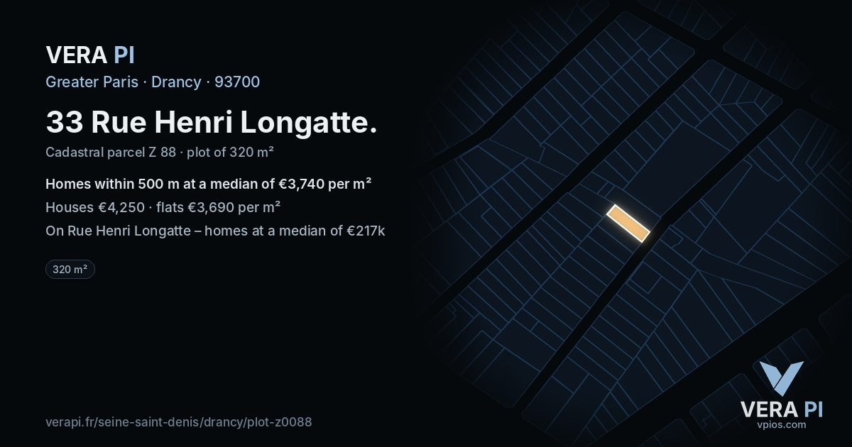 33 Rue Henri Longatte, Drancy at night – the plot lit, the parcels around coloured by the prices near them