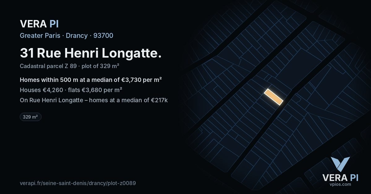 31 Rue Henri Longatte, Drancy at night – the plot lit, the parcels around coloured by the prices near them