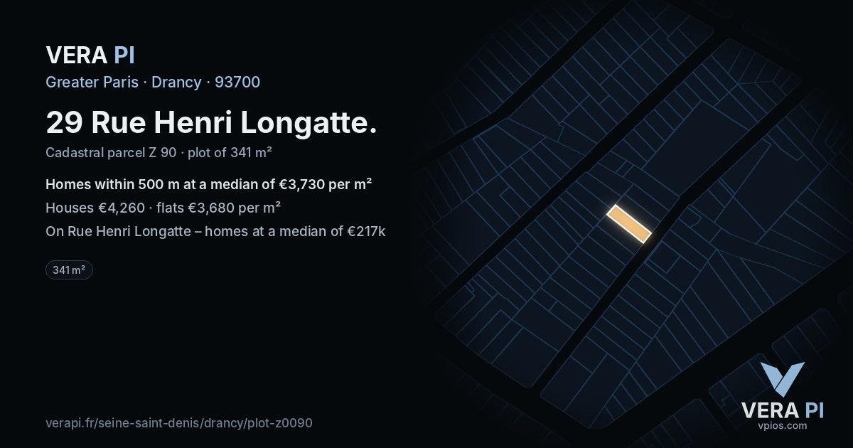 29 Rue Henri Longatte, Drancy at night – the plot lit, the parcels around coloured by the prices near them