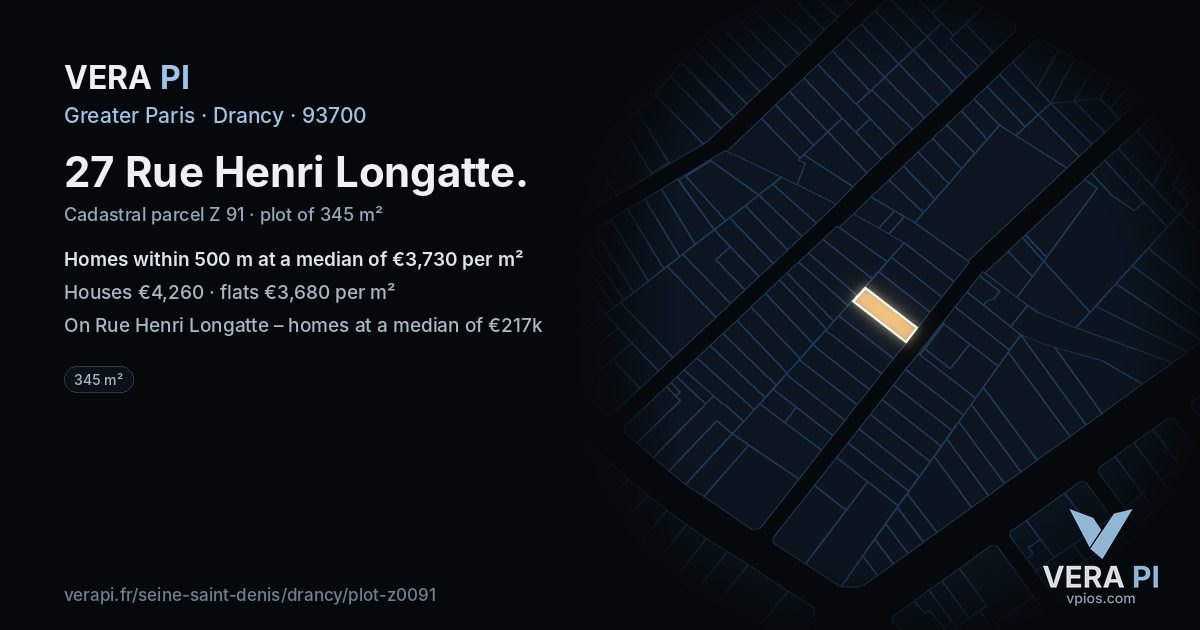 27 Rue Henri Longatte, Drancy at night – the plot lit, the parcels around coloured by the prices near them
