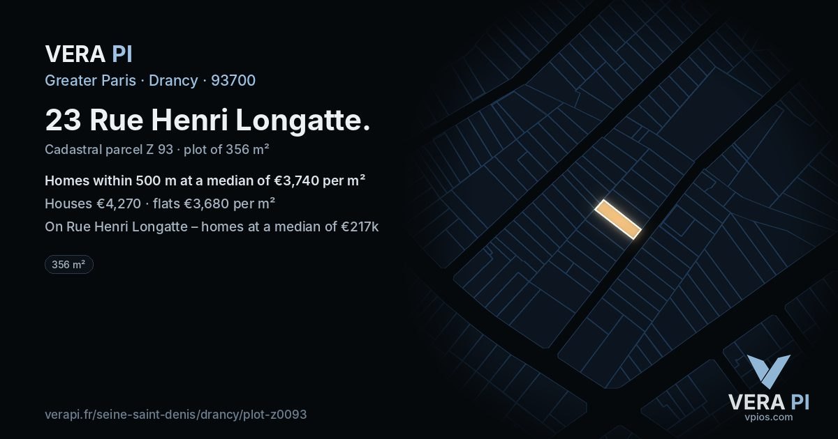 23 Rue Henri Longatte, Drancy at night – the plot lit, the parcels around coloured by the prices near them