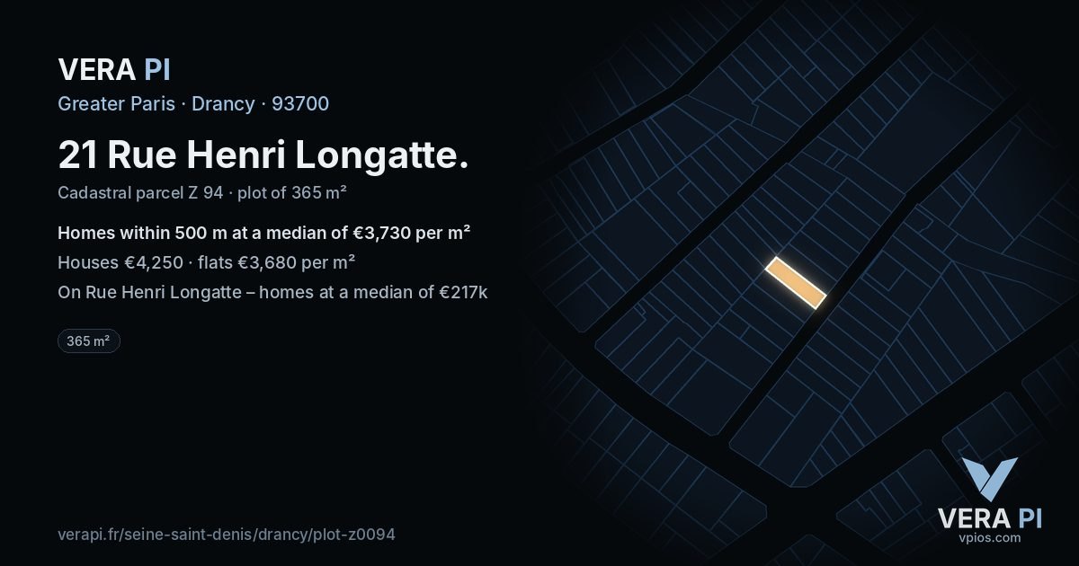 21 Rue Henri Longatte, Drancy at night – the plot lit, the parcels around coloured by the prices near them
