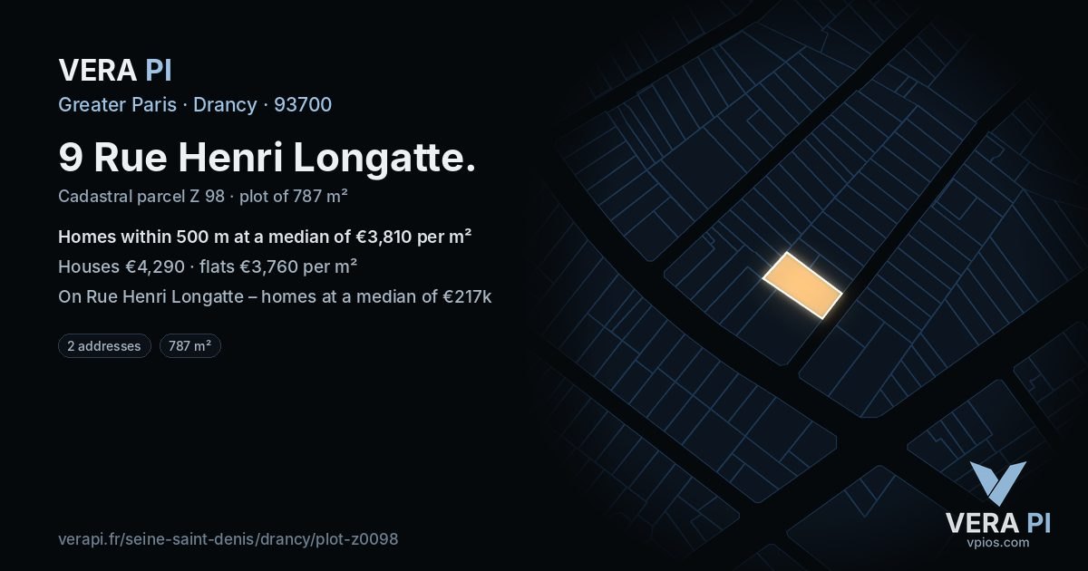 9 Rue Henri Longatte, Drancy at night – the plot lit, the parcels around coloured by the prices near them