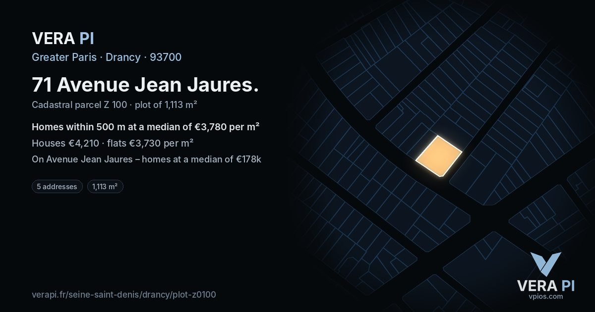 71 Avenue Jean Jaures, Drancy at night – the plot lit, the parcels around coloured by the prices near them