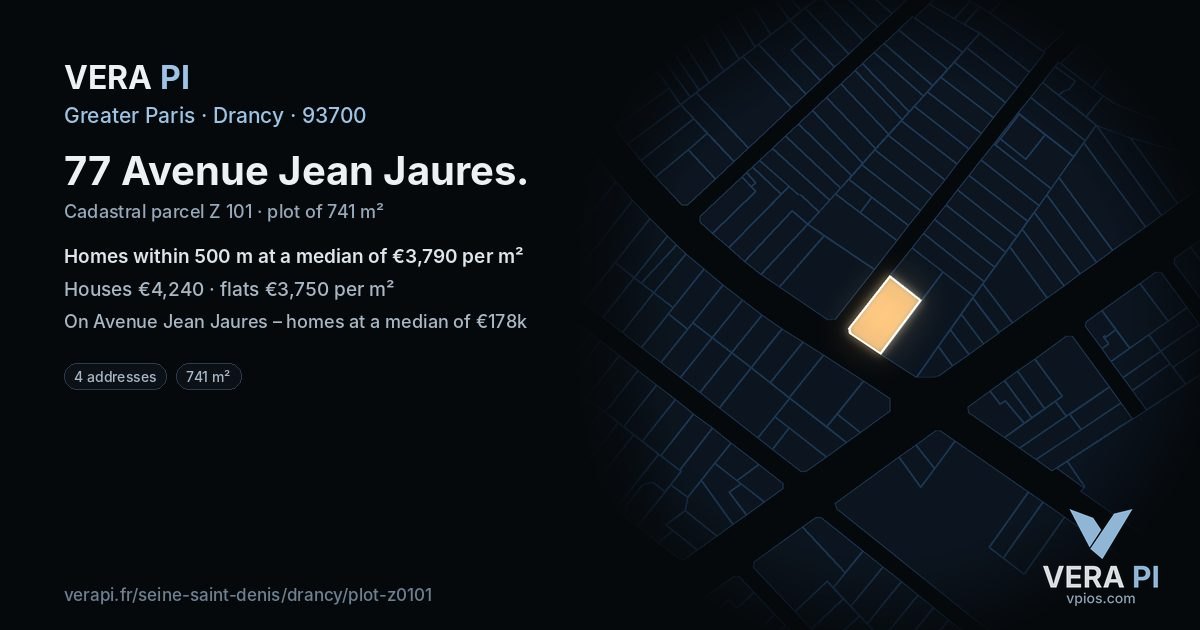 77 Avenue Jean Jaures, Drancy at night – the plot lit, the parcels around coloured by the prices near them