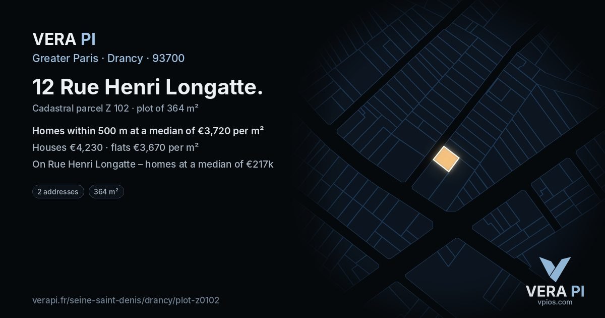 12 Rue Henri Longatte, Drancy at night – the plot lit, the parcels around coloured by the prices near them