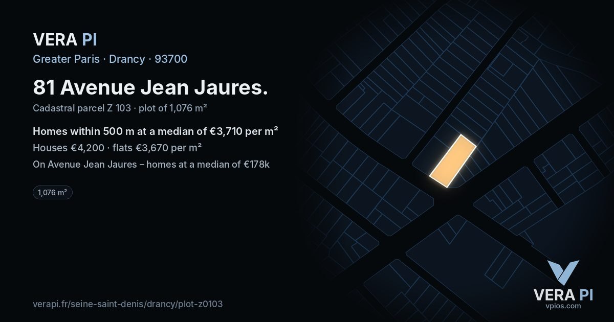 81 Avenue Jean Jaures, Drancy at night – the plot lit, the parcels around coloured by the prices near them