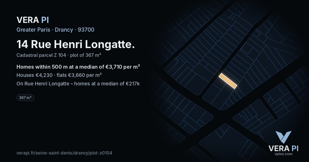 14 Rue Henri Longatte, Drancy at night – the plot lit, the parcels around coloured by the prices near them