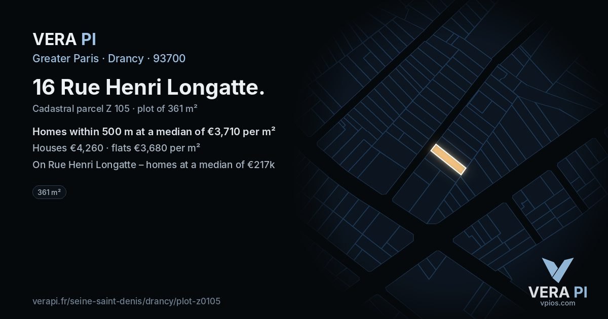 16 Rue Henri Longatte, Drancy at night – the plot lit, the parcels around coloured by the prices near them