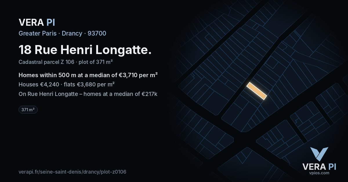 18 Rue Henri Longatte, Drancy at night – the plot lit, the parcels around coloured by the prices near them