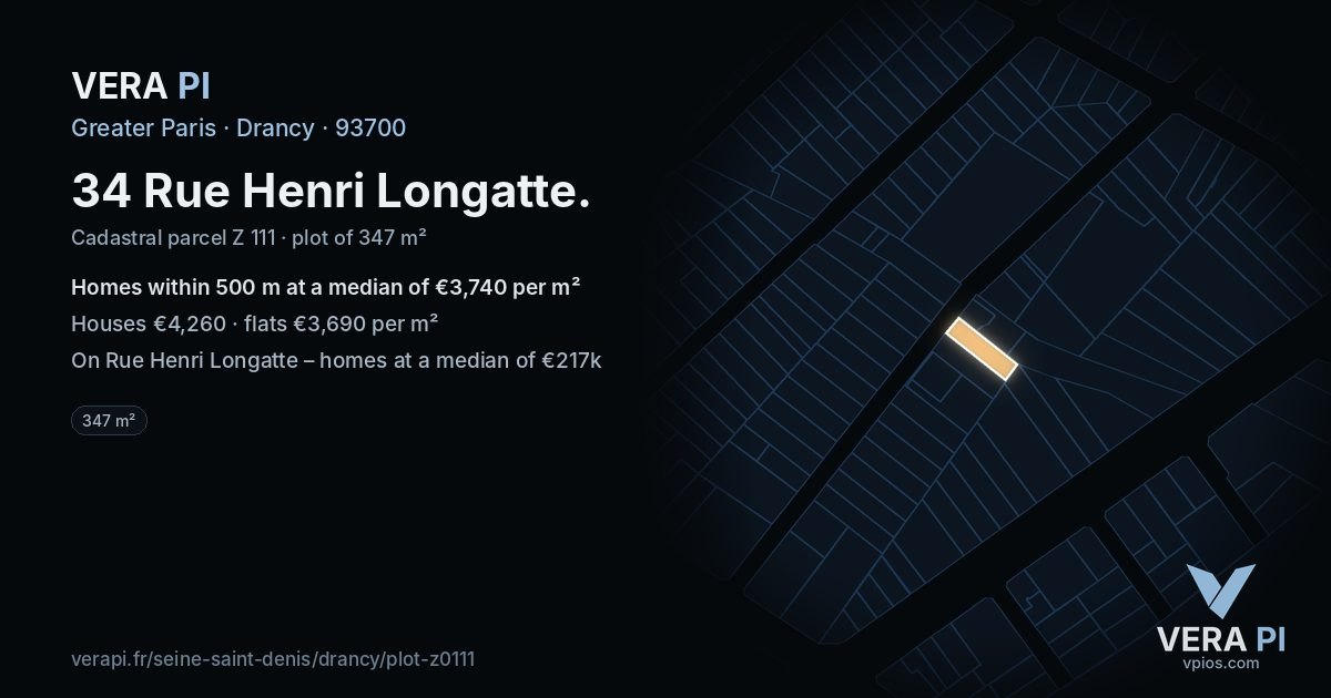 34 Rue Henri Longatte, Drancy at night – the plot lit, the parcels around coloured by the prices near them