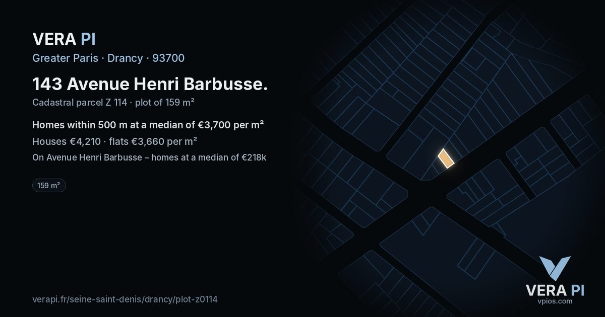 143 Avenue Henri Barbusse, Drancy at night – the plot lit, the parcels around coloured by the prices near them