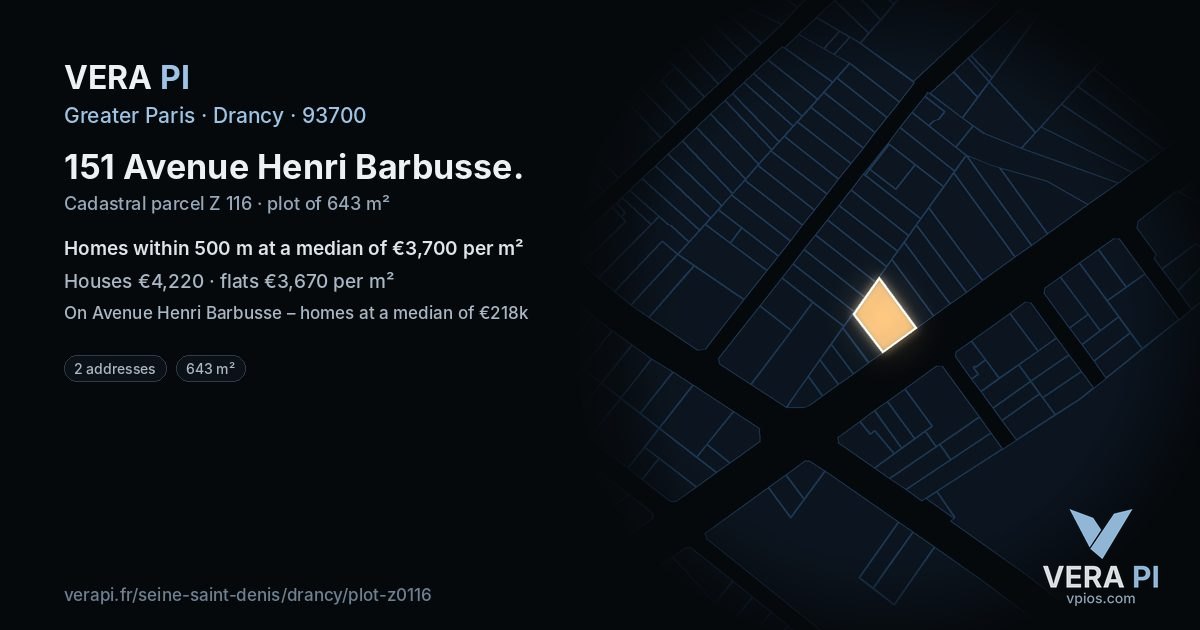 151 Avenue Henri Barbusse, Drancy at night – the plot lit, the parcels around coloured by the prices near them