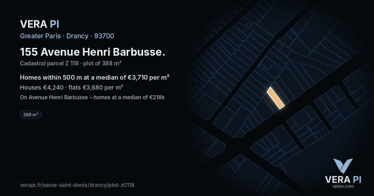 155 Avenue Henri Barbusse, Drancy at night – the plot lit, the parcels around coloured by the prices near them