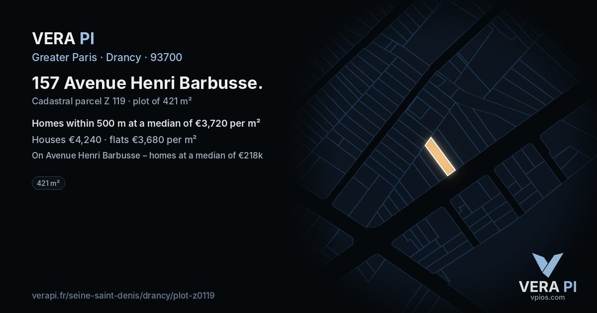 157 Avenue Henri Barbusse, Drancy at night – the plot lit, the parcels around coloured by the prices near them