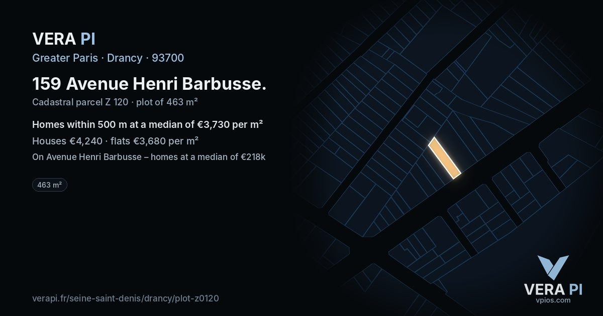 159 Avenue Henri Barbusse, Drancy at night – the plot lit, the parcels around coloured by the prices near them